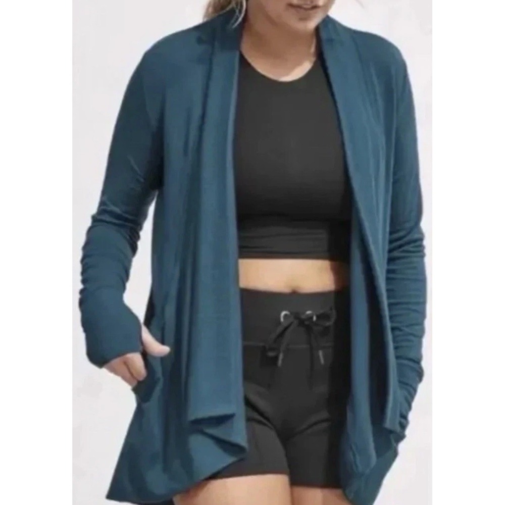 ATHLETA Pranayama Wrap Cardigan‎ Sweater Nirvana Teal Blue Small 2b1